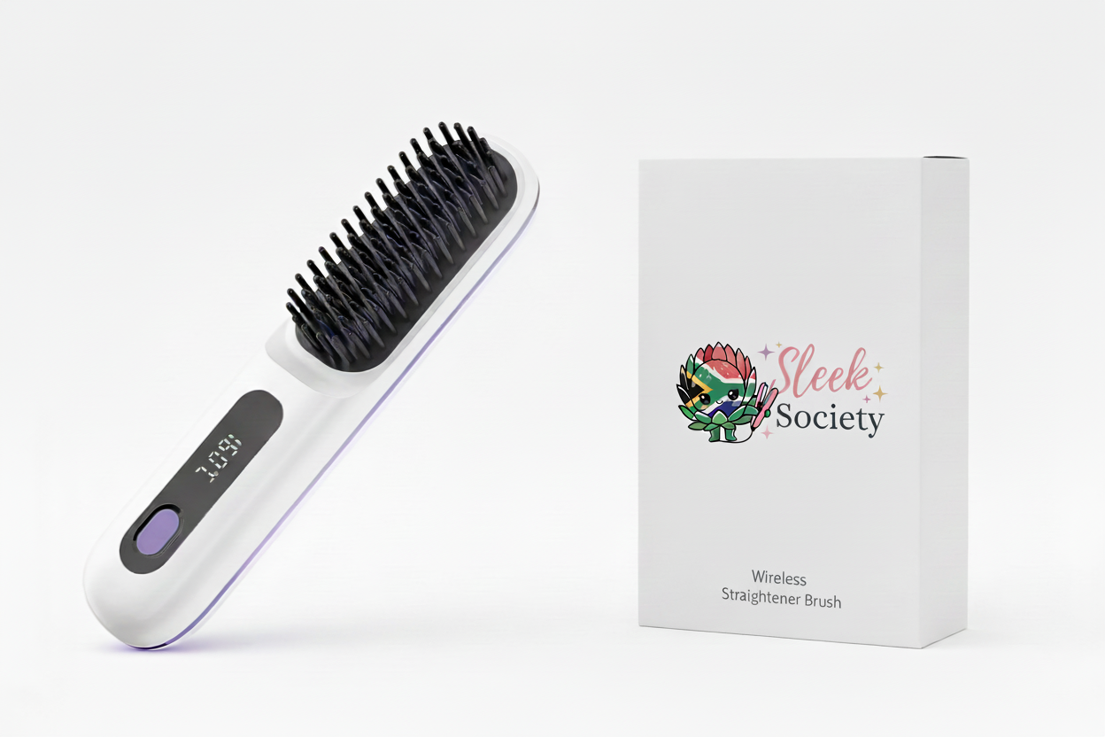 Sleek Society Wireless Straightener Brush - Bold Black Text